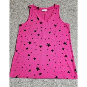 Zenana Hot Pink Star Print V-Neck Tank Top Sleeveless Shirt Large Relaxed Retro